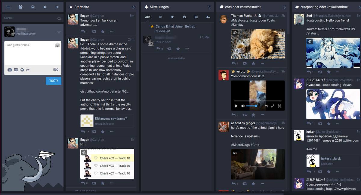 Snímek webového rozhraní Mastodonu se sloupci časové osy