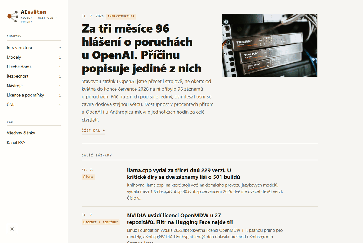 Úvodní strana webu aisvetem.cz, vlevo panel rubrik s počty článků