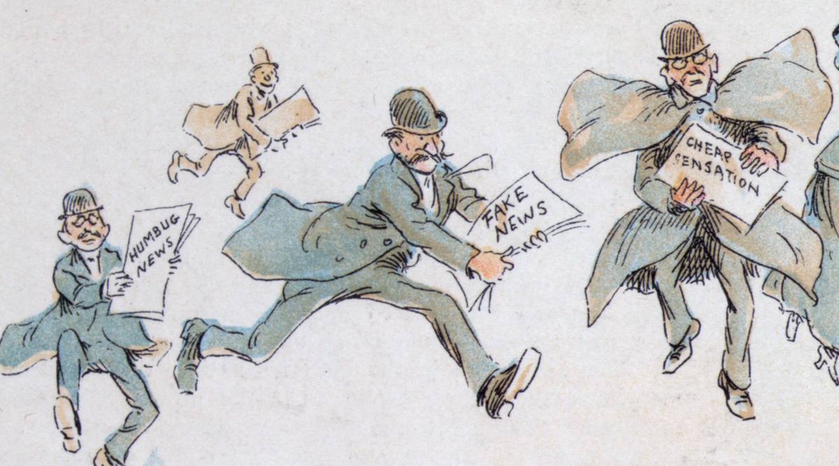 Karikatura z roku 1894, na které postava nese smyšlené zprávy k tiskařskému lisu