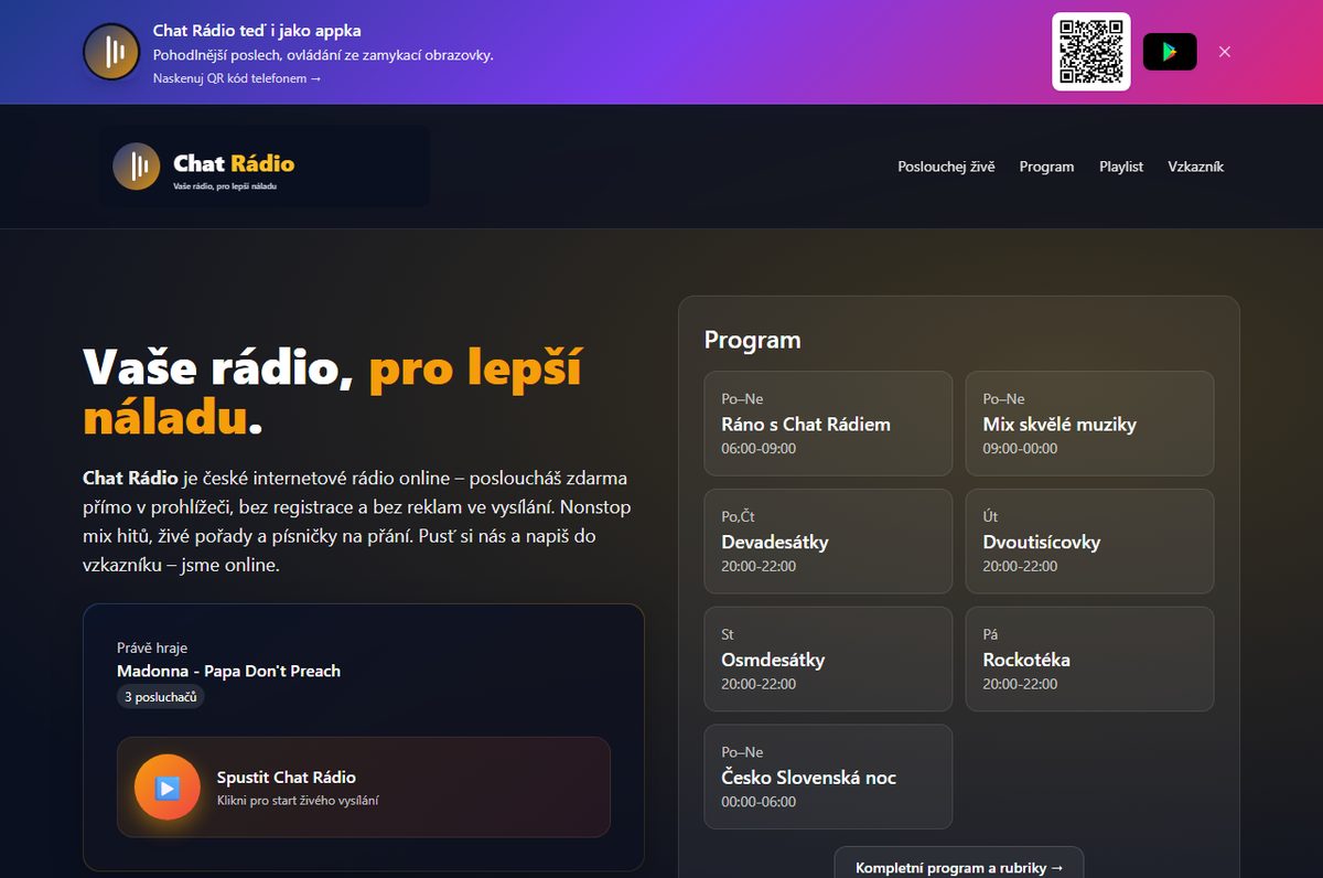 Úvodní strana Chat Rádia: přehrávač s údajem o právě hrané skladbě a vedle něj dlaždice s týdenním programem