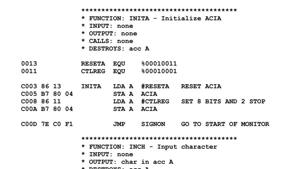 Vytištěný výpis programu v assembleru pro procesor Motorola 6800